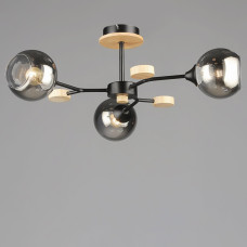 Люстра молекула стельова Light House SRS-20877/3 чорний + дерево, плафон димчастий