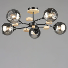 Люстра стельова молекула Light House SRS-20877/5 чорний + дерево, плафон димчастий