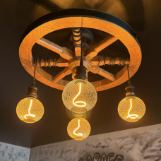 Люстра деревянное колесо с led плафонами