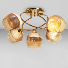 Люстра стельова Light House SC-18695/5 FG D590*310 золото, плафон бурштиновий з принтом