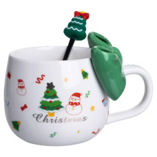 Новогодняя фарфоровая чашка с ложкой Merry Christmas 400 (мл) Зеленый FM-CS-19B FM-CS-19B