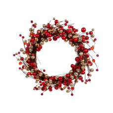 Декоративний вінок 40 см червона з золотом (пластик)