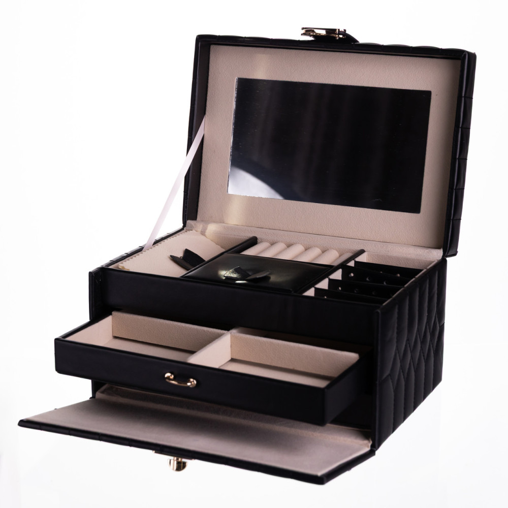 Зображення Шкатулка для украшений из эко кожи 3 яруса с зеркалом органайзер для ювелирных изделий Черный Yiwu HP-5-17B ИМ Light-Deco 1 