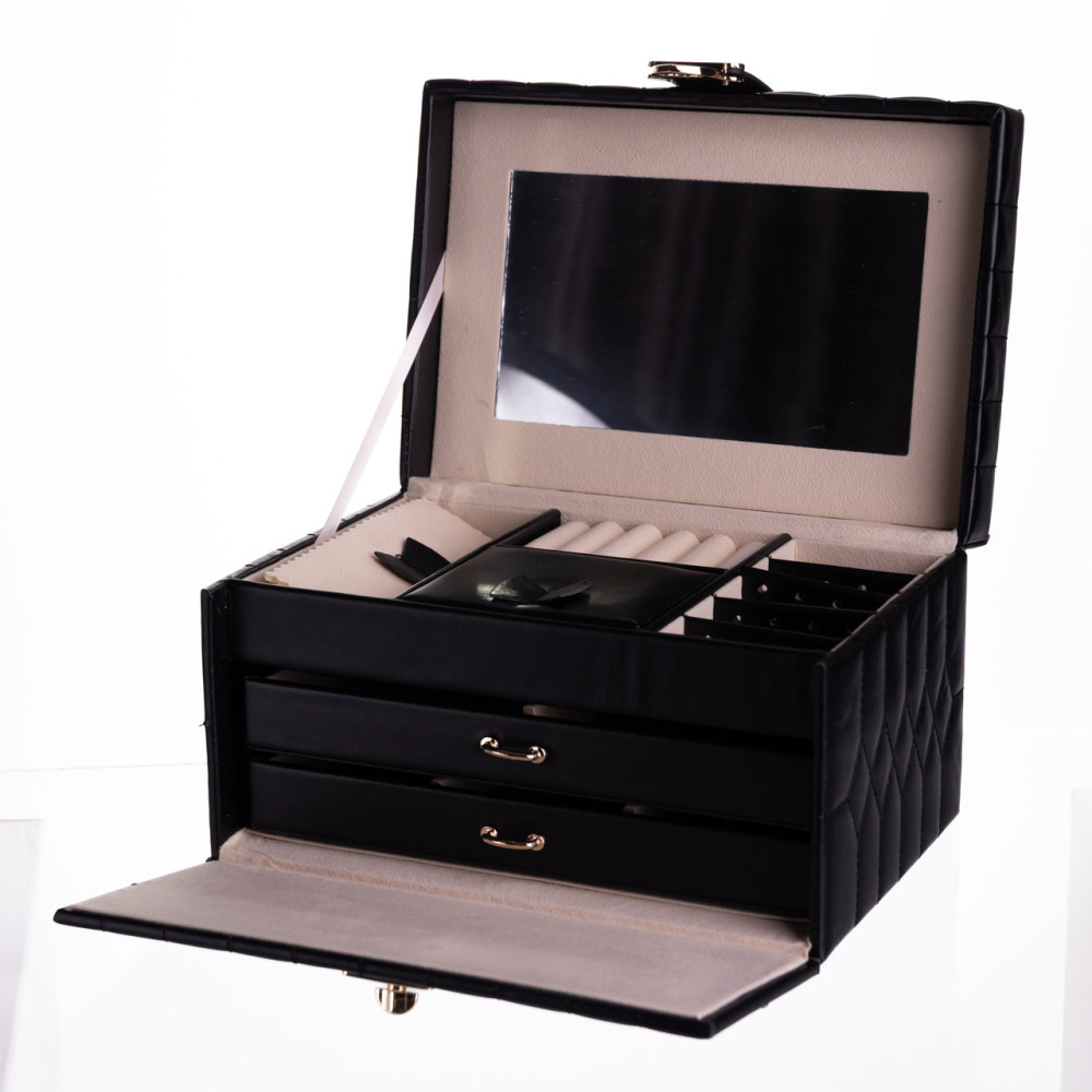 Зображення Шкатулка для украшений из эко кожи 3 яруса с зеркалом органайзер для ювелирных изделий Черный Yiwu HP-5-17B ИМ Light-Deco 3 