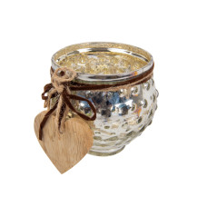 Стеклянный подсвечник декоративный с деревянным сердцем 8x9см