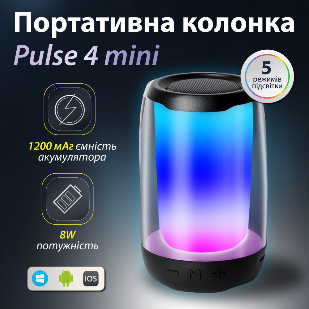 Изображение Блютуз колонка с подсветкой Lugi 5 Вт влагозащита IPX5 Type-C MicroSD AUX черная портативная акустика, bluetooth динамик ИМ Light-Deco 2 