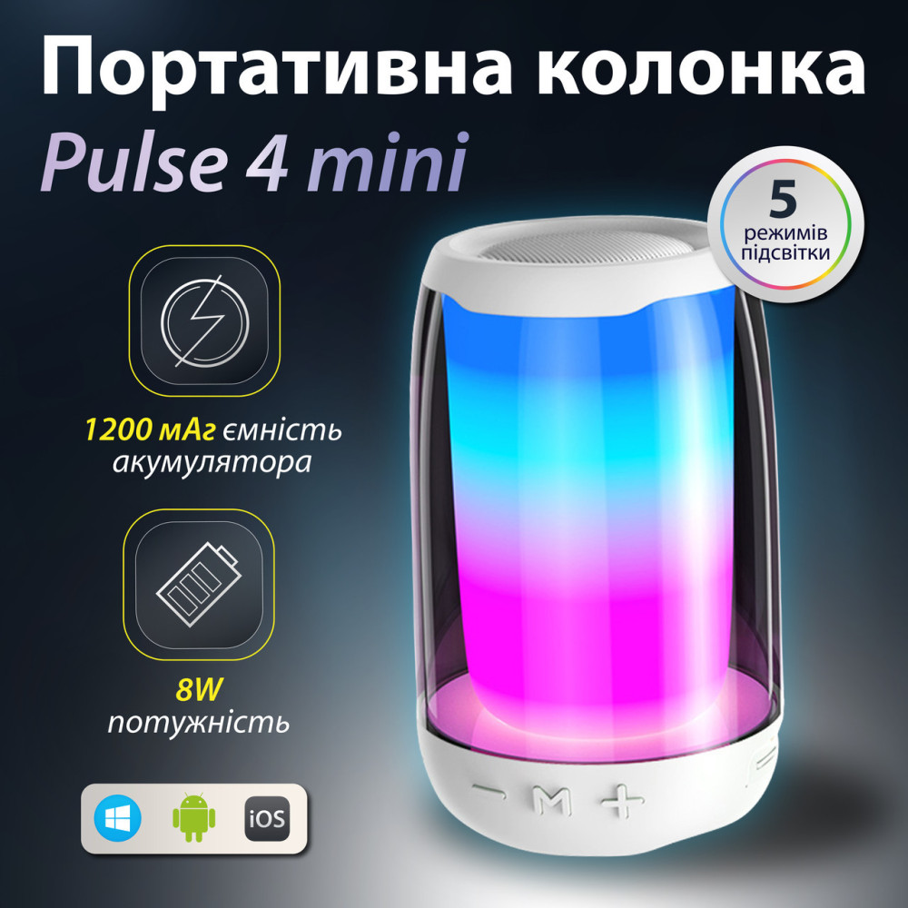 Изображение Блютуз колонка с подсветкой Lugi 5 Вт влагозащита IPX5 Type-C MicroSD AUX черная портативная акустика, bluetooth динамик Белый ИМ Light-Deco 2 