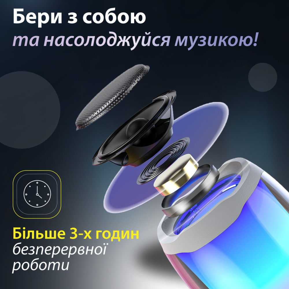 Изображение Блютуз колонка с подсветкой Lugi 5 Вт влагозащита IPX5 Type-C MicroSD AUX черная портативная акустика, bluetooth динамик Белый ИМ Light-Deco 4 