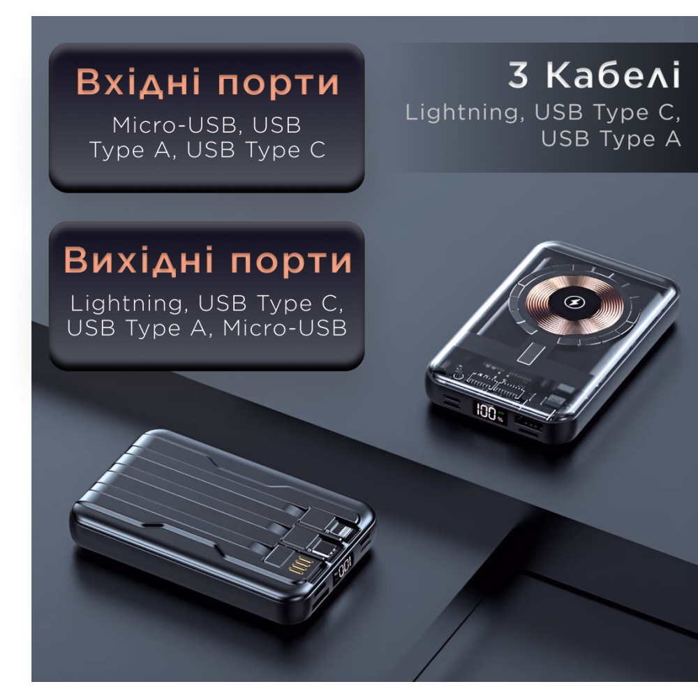 Зображення Повербанк Smart X Lugi 10000 мАч с магсейф беспроводной зарядкой магнитный, портативное зарядное устройство внешний аккумулятор ИМ Light-Deco 4 