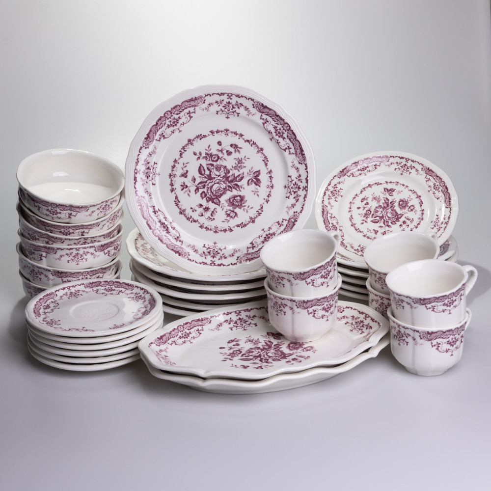 Зображення Столовый набор посуды тарелок и чашек 32 предмета на 6 персон "Бордовый Меандр" фарфоровый YY78-3A ИМ Light-Deco 