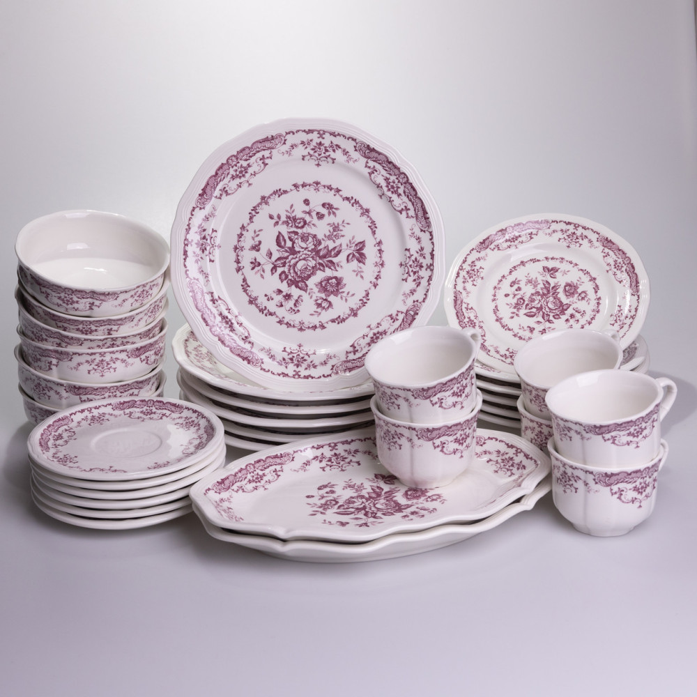 Зображення Столовый набор посуды тарелок и чашек 32 предмета на 6 персон "Бордовый Меандр" фарфоровый YY78-3A ИМ Light-Deco 7 