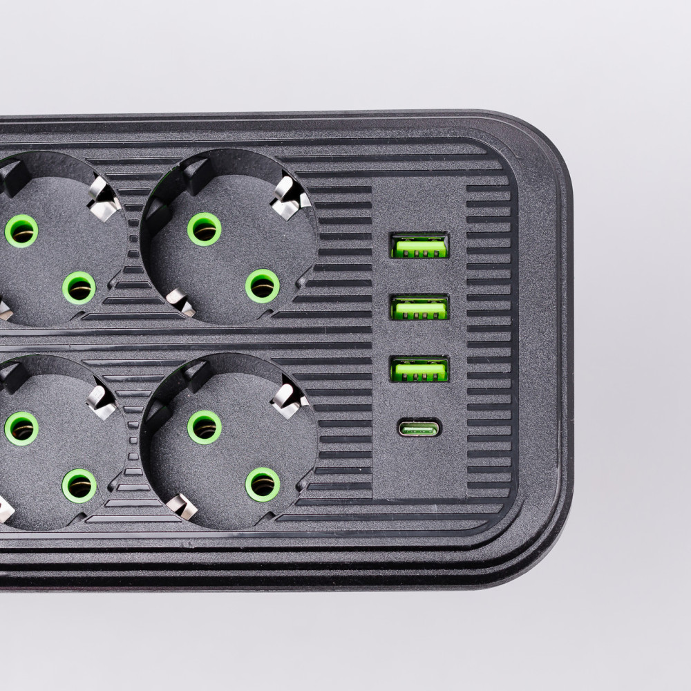 Изображение Сетевой фильтр 2.8 м удлинитель на 8 розеток с 3 USB 1 Type-C и кнопкой отключения F20U Черный HP-5-28 ИМ Light-Deco 6 