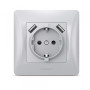 Изображение Розетка одинарная с заземлением и 2USB серебряный шёлк VIDEX BINERA ИМ Light-Deco 1 
