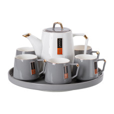 Чайний сервіз Light House "Good life" на 6 персон з фарфоровою підставкою LG-30011 біло-сірий