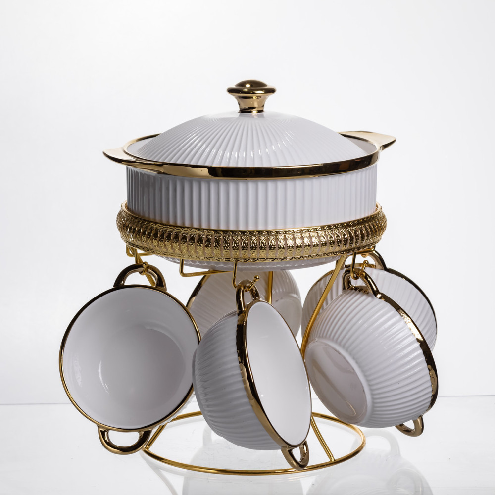 Зображення Суповой сервиз на 5 персон супница 1.8 (л) на подставке с бульонницами 300 (мл) тарелки для супа Белый с золотом ML151 ИМ Light-Deco 