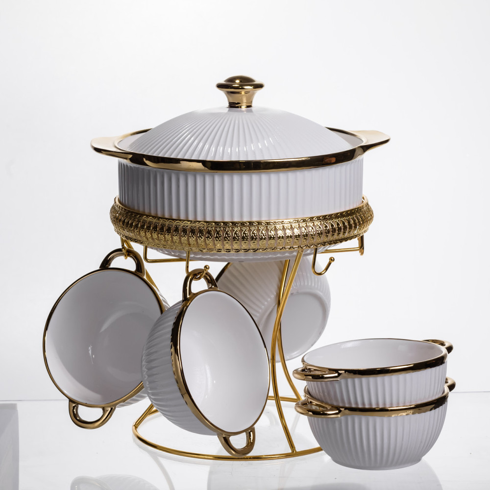Зображення Суповой сервиз на 5 персон супница 1.8 (л) на подставке с бульонницами 300 (мл) тарелки для супа Белый с золотом ML151 ИМ Light-Deco 2 