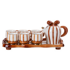 Чайний сервіз Light House на 6 персон з фарфоровою підставкою LG-30013 білий з коричневим