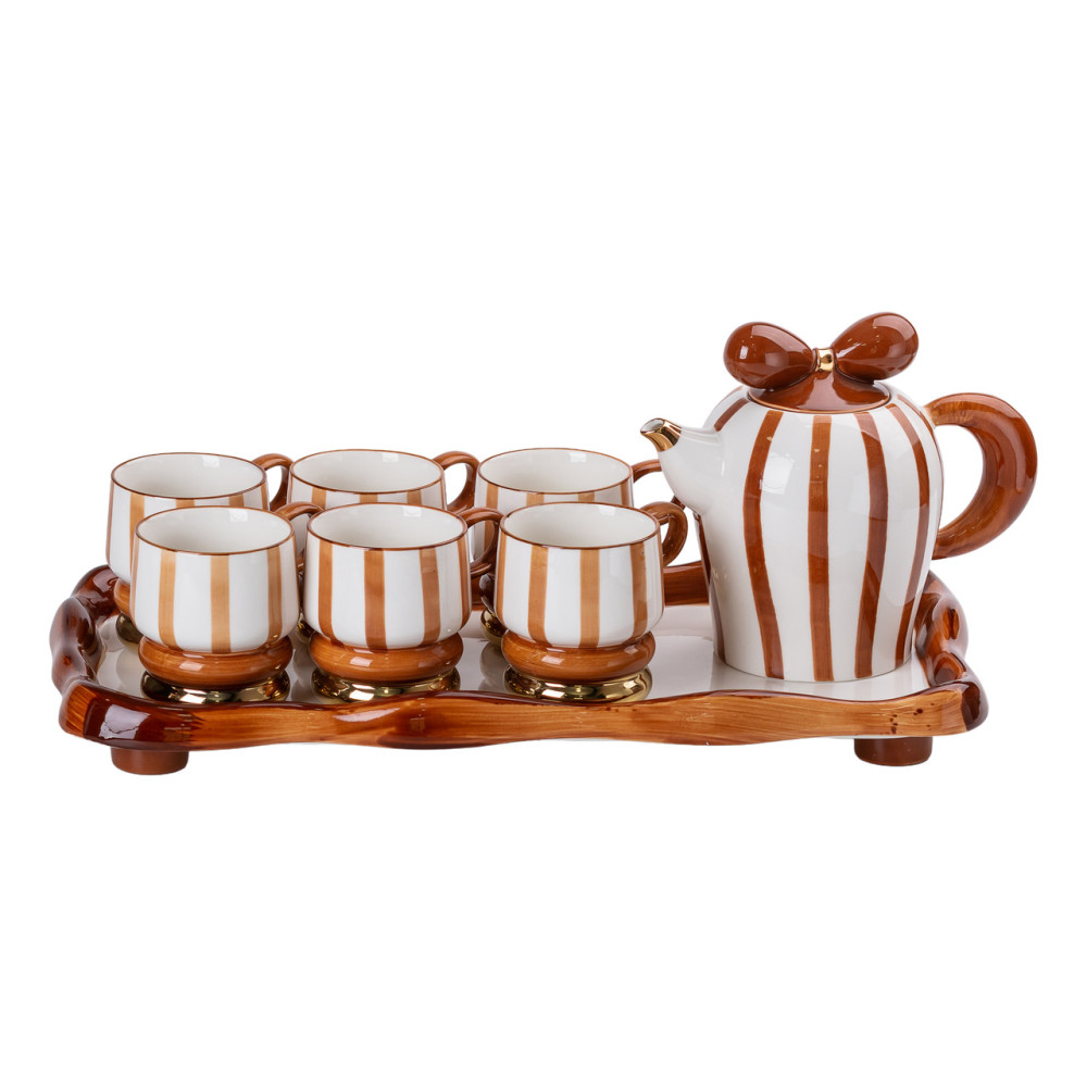 Зображення Чайний сервіз Light House на 6 персон з фарфоровою підставкою LG-30013 білий з коричневим ИМ Light-Deco 6 