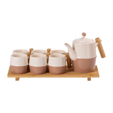 Чайний сервіз Light House на 6 персон з бамбуковою підставкою LG-30015 білий з коричневим