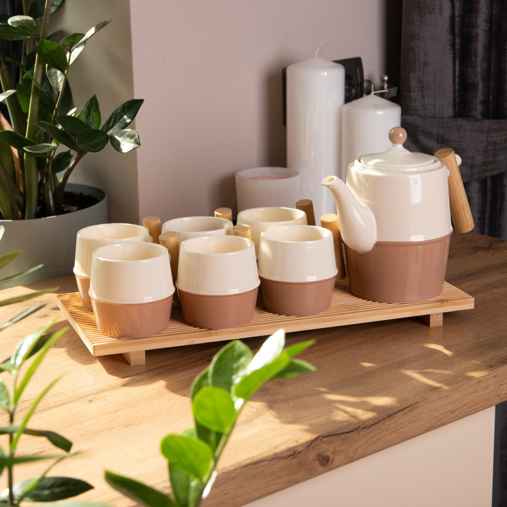 Зображення Чайний сервіз Light House на 6 персон з бамбуковою підставкою LG-30015 білий з коричневим ИМ Light-Deco 5 