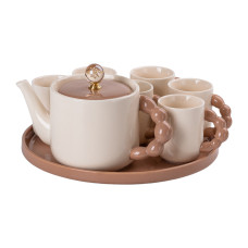 Чайний сервіз Light House на 6 персон з фарфоровою підставкою LG-30010 бежево-кавовий