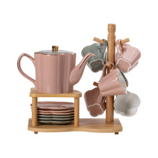 Чайний сервіз Light House на 6 персон з бамбуковою підставкою LG-30009 рожевий із сірим
