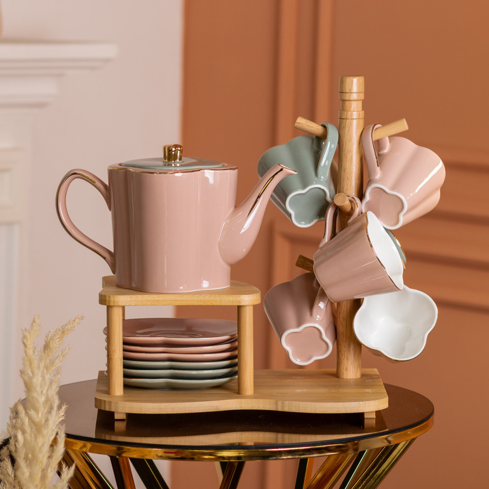 Зображення Чайний сервіз Light House на 6 персон з бамбуковою підставкою LG-30009 рожевий із сірим ИМ Light-Deco 6 