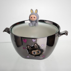 Бульонница фарфоровая Labubu с крышкой и ручками 800 (мл) Ø15 (см) детская тарелка для супа и лапши Серебристый с серым FM-34A