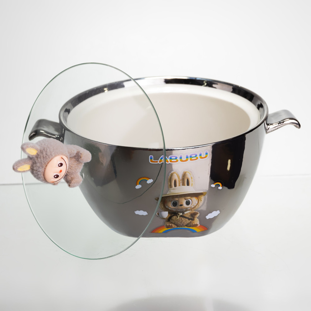 Изображение Бульонница фарфоровая Labubu с крышкой и ручками 800 (мл) Ø15 (см) детская тарелка для супа и лапши Серебристый с коричневым FM-34B ИМ Light-Deco 2 