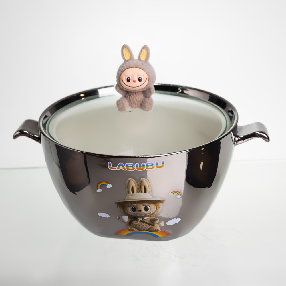 Изображение Бульонница фарфоровая Labubu с крышкой и ручками 800 (мл) Ø15 (см) детская тарелка для супа и лапши Серебристый с коричневым FM-34B ИМ Light-Deco 
