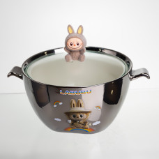 Бульонница фарфоровая Labubu с крышкой и ручками 800 (мл) Ø15 (см) детская тарелка для супа и лапши Серебристый с коричневым FM-34B