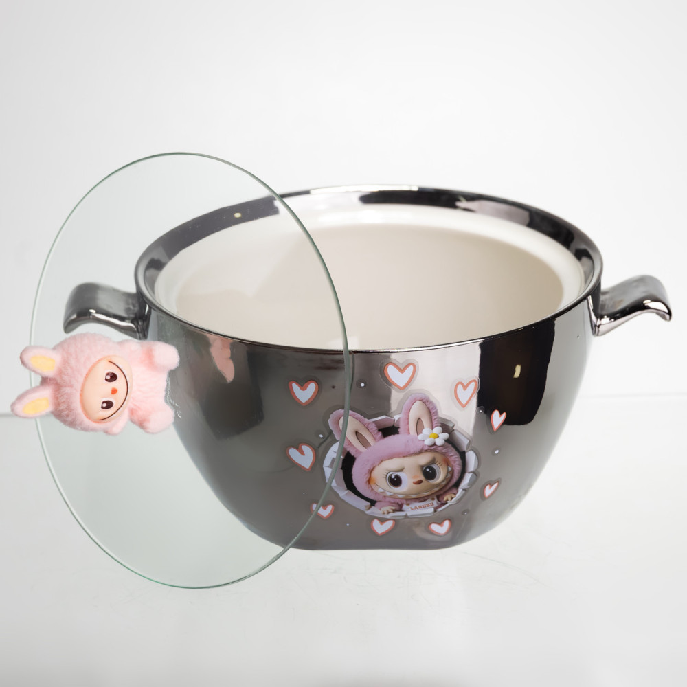Изображение Бульонница фарфоровая Labubu с крышкой и ручками 800 (мл) Ø15 (см) детская тарелка для супа и лапши Серебристый с розовым FM-34C ИМ Light-Deco 3 