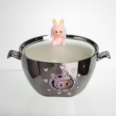 Бульонница фарфоровая Labubu с крышкой и ручками 800 (мл) Ø15 (см) детская тарелка для супа и лапши Серебристый с розовым FM-34C