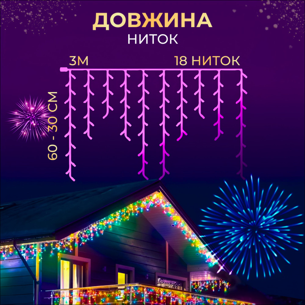 Изображение Гирлянда бахрома LED мерцание 3м 90 светодиодов новогодняя украшение дома Lugi, праздничная подсветка световой декор флеш ИМ Light-Deco 1 