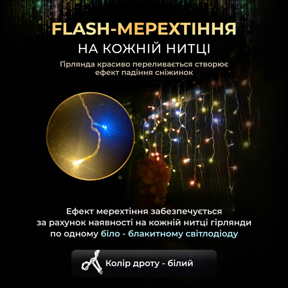Изображение Гирлянда бахрома LED мерцание 3м 90 светодиодов новогодняя украшение дома Lugi, праздничная подсветка световой декор флеш ИМ Light-Deco 3 