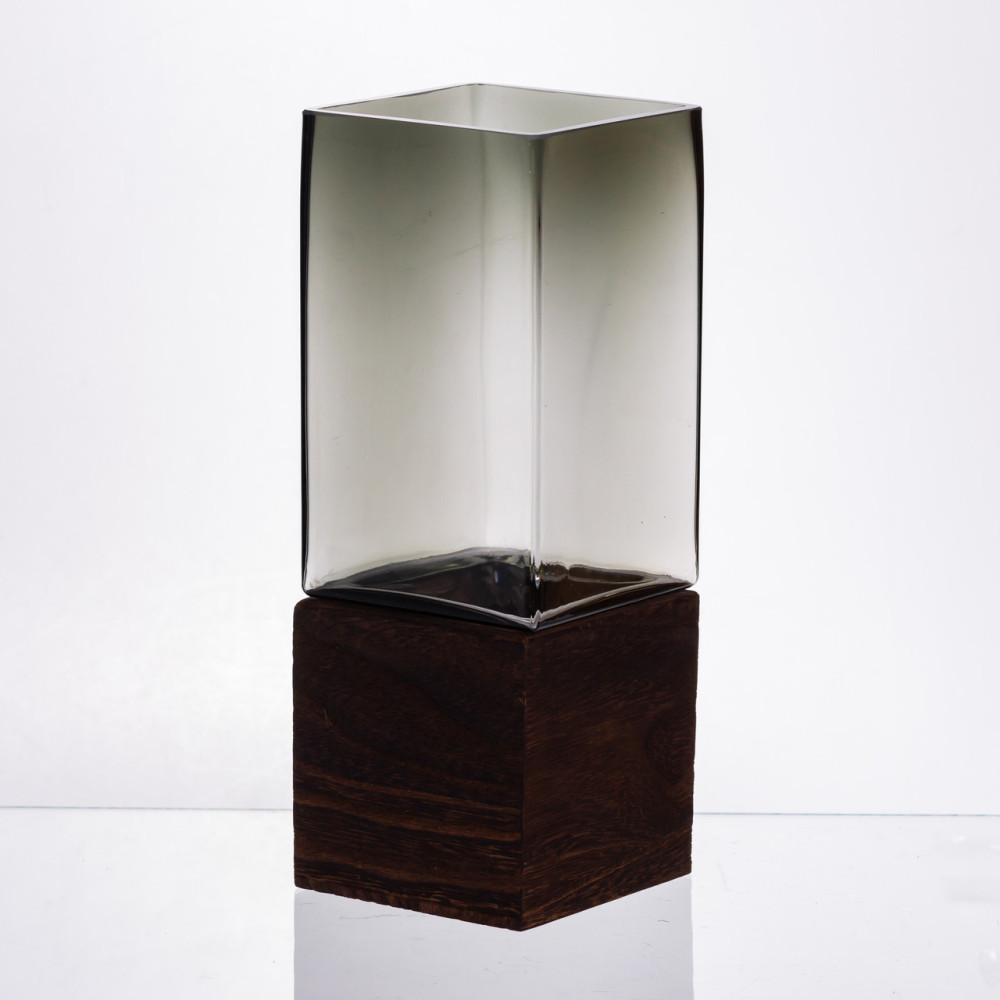 Зображення Стеклянная декоративная ваза квадратная, стильная ваза стекло с деревом для цветов прозрачная HP-32-8 ИМ Light-Deco 