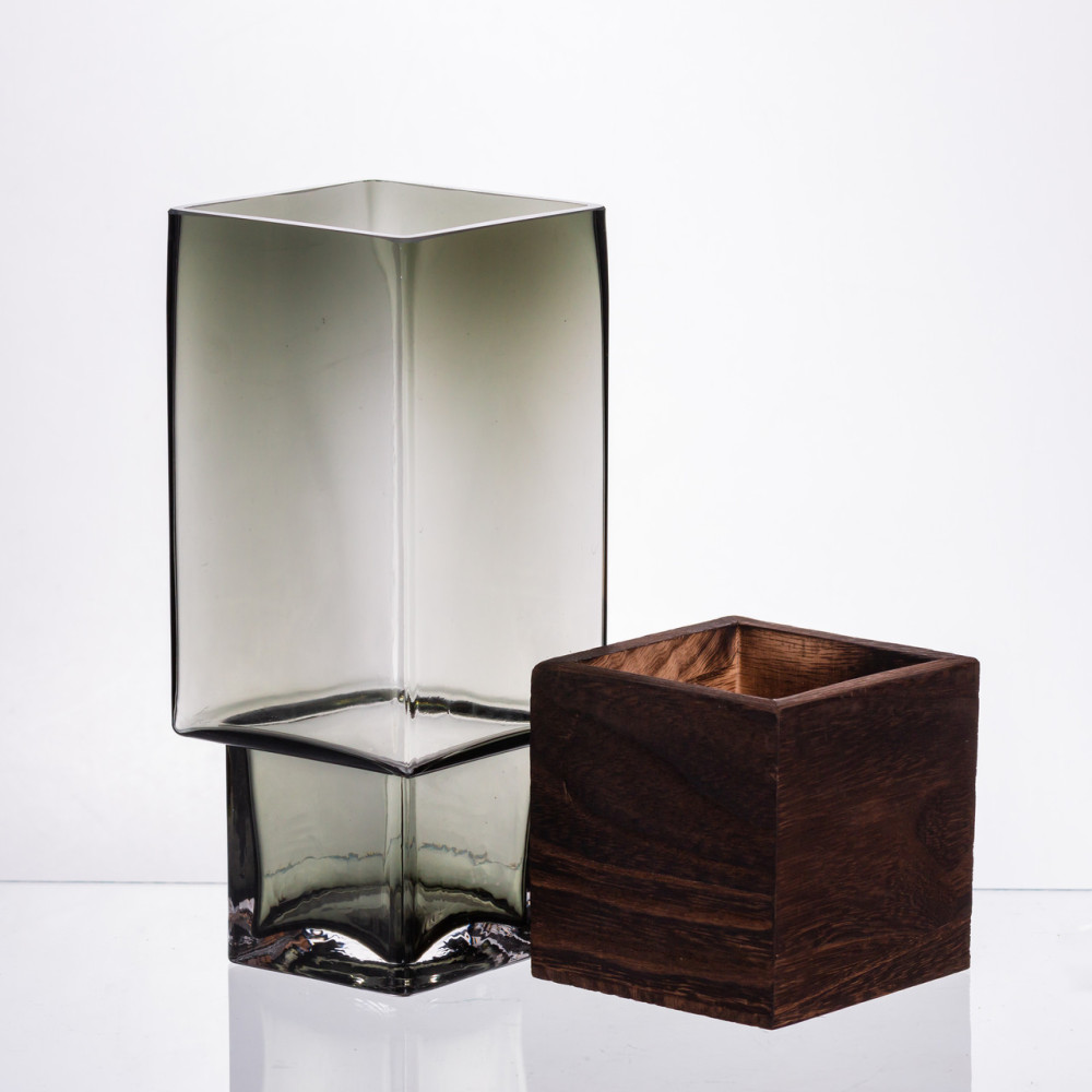 Зображення Стеклянная декоративная ваза квадратная, стильная ваза стекло с деревом для цветов прозрачная HP-32-8 ИМ Light-Deco 1 